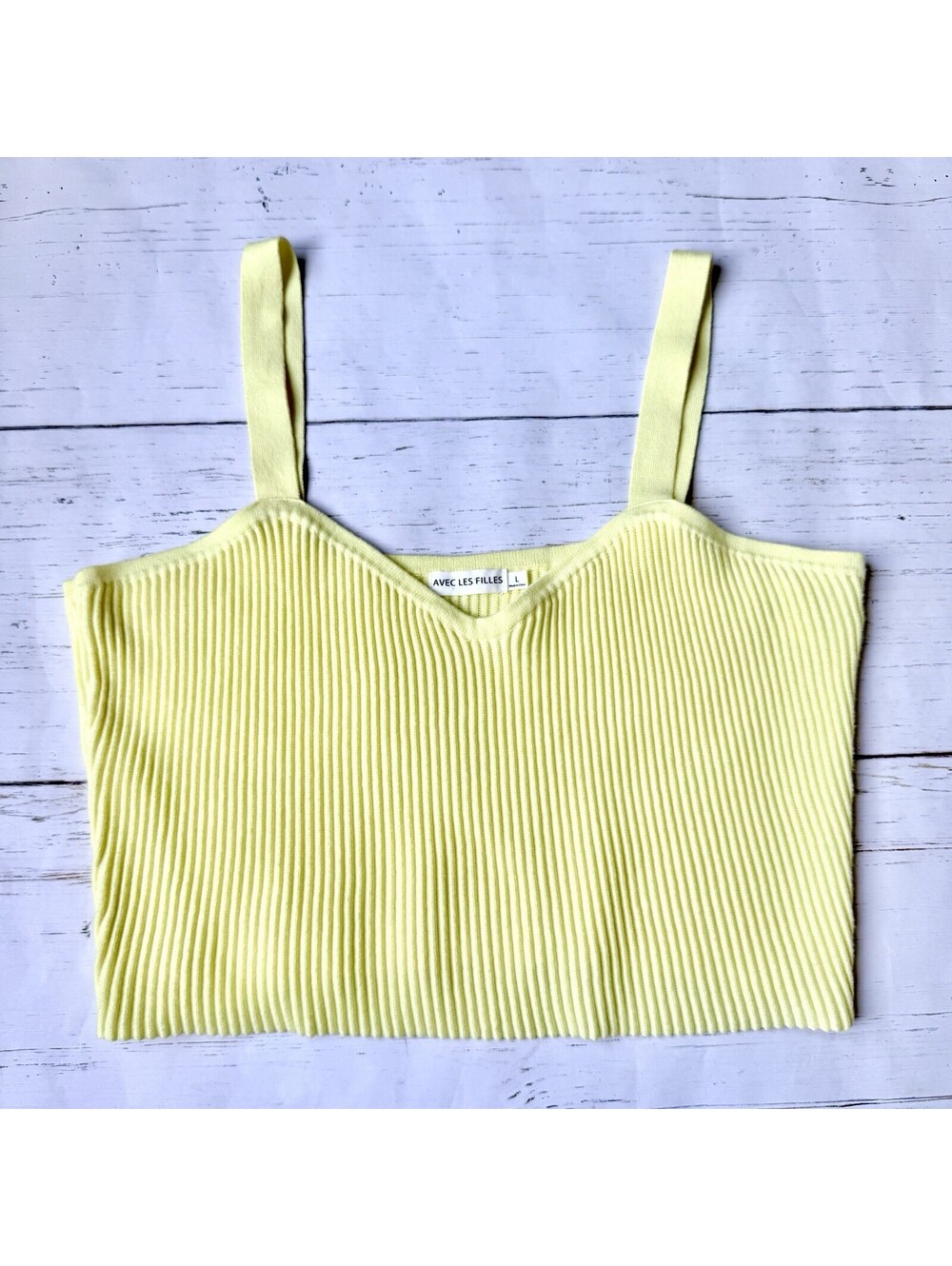 Avec Les Filles Yellow Ribbed Vneck Tank Crop Top Size Large Cotton